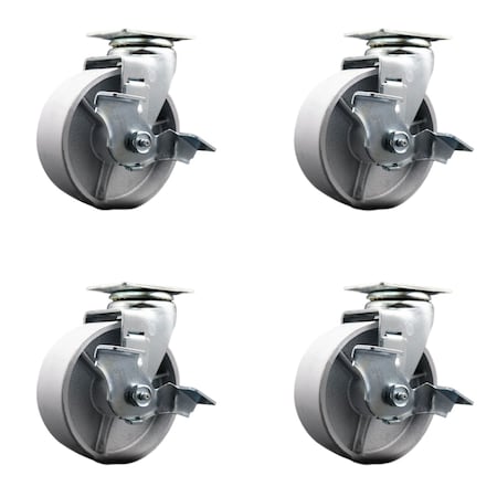 Service Caster 5 Inch Semi Steel Cast Iron Swivel Caster Set with Roller Bearings and Brakes SCC-20S520-SSR-TLB-4